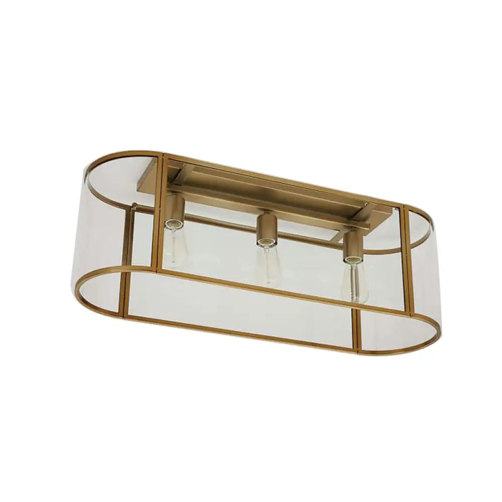 3 - Head Flush Mount Light: Metal Warehouse Corridor Lighting With Oval Clear Glass Shade In