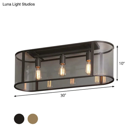 3 - Head Flush Mount Light: Metal Warehouse Corridor Lighting With Oval Clear Glass Shade In