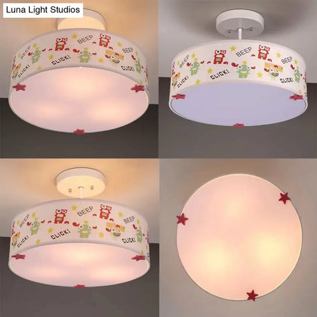 3 - Light Robot Cartoon Drum Semi Flush Mount Ceiling Light For Baby Room