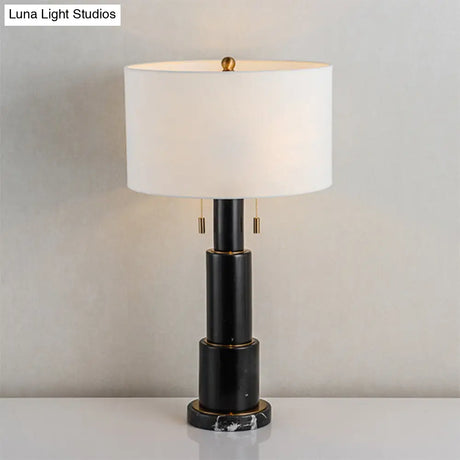 3-Tier Marble Night Lamp: Minimalist Table Light With Pull-Chain Black/White Drum Fabric Shade