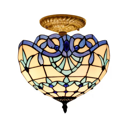 Baroque Style Glass Ceiling Light With Jewel Decoration - 2-Light Domed Semi Flush Mount For Bedroom