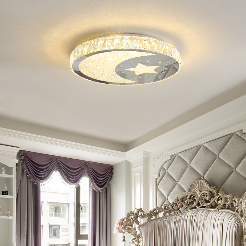 Led Nickle Flush Mount Ceiling Light With Crystal Block Shade In Warm/White Glow - Minimalist