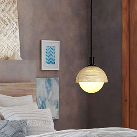 Modern Metal Bowl Ceiling Lamp With Green Accent - 1 Head Pendant Light For Bedroom In Beige/Gray
