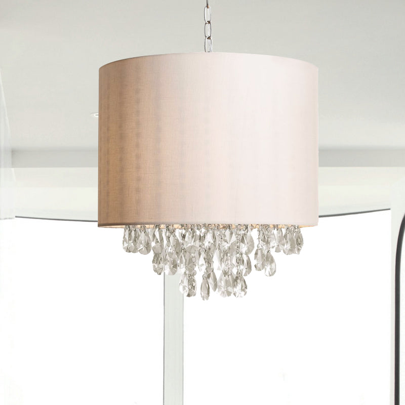 Modern Cylinder Fabric Pendant Chandelier With Crystal Drops - Beige Hanging Light (3/4 Heads)