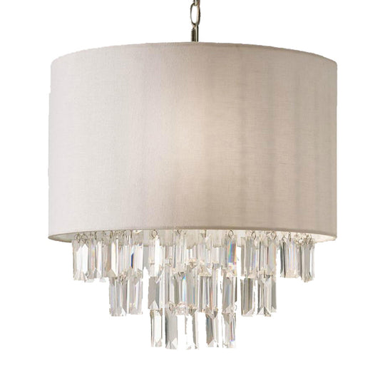 Modern Crystal Drum Chandelier: Rectangular-Cut Beige Ceiling Lamp With Fabric Shade - 3/4 Lights