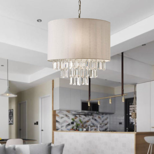 Modern Crystal Drum Chandelier: Rectangular-Cut Beige Ceiling Lamp With Fabric Shade - 3/4 Lights