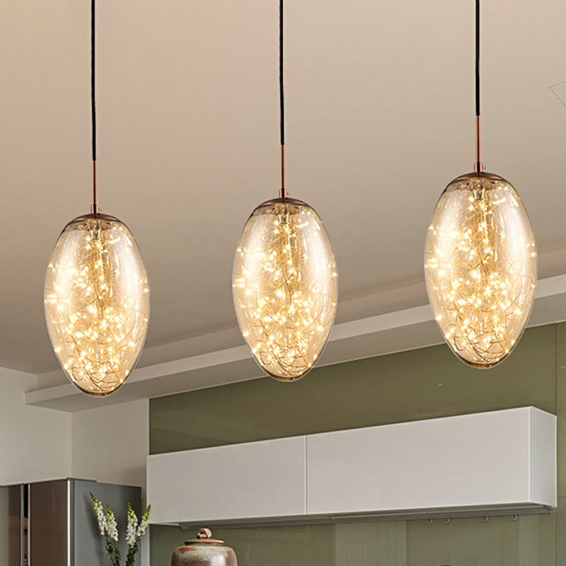 Contemporary Oval Led Pendant Light In Smoke Gray/Amber Glass For Living Rooms