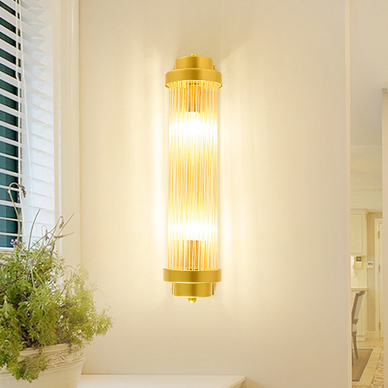 Vintage Gold Cylinder Wall Sconce With Clear Glass And Dual Led Lights For Bedroom