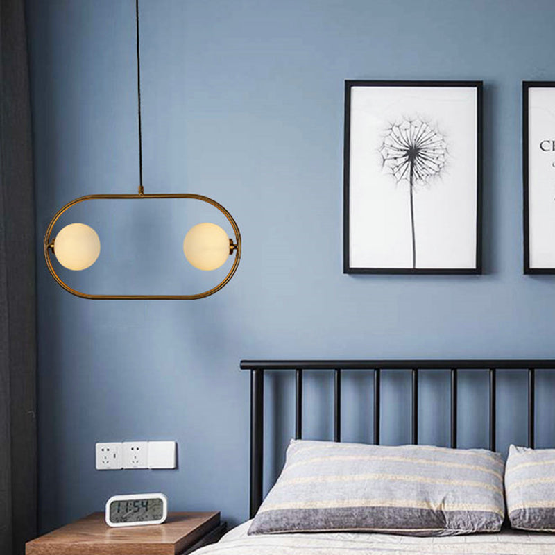 Modernist Gold Ball Chandelier Light With Milk Glass Shades - 2 Heads Pendant Fixture