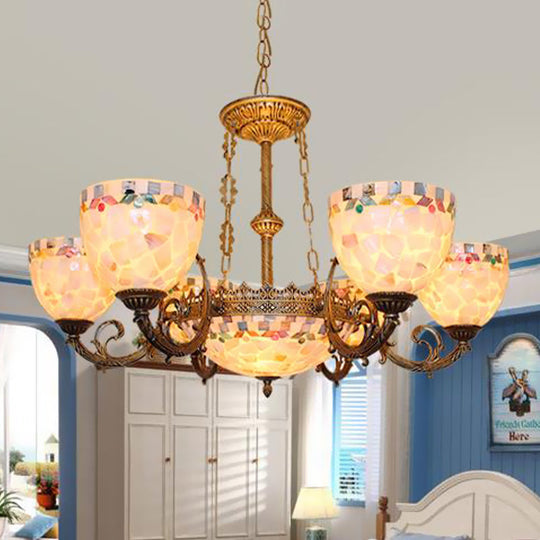Tiffany-Style Shell Domed Ceiling Chandelier With Adjustable Beige Suspension - 5/9/11 Lights For