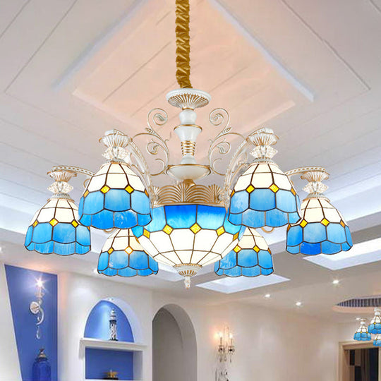 Tiffany Stained Glass Blue Chandelier Pendant Light with Grid Pattern 5/9/11 Lights