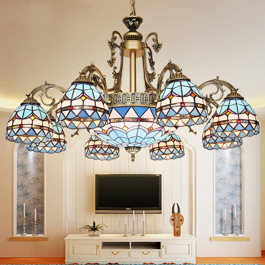 Mediterranean Dome Stained Glass Hanging Lamp in Blue 9/11 Lights Chandelier Fixture 11 / Blue