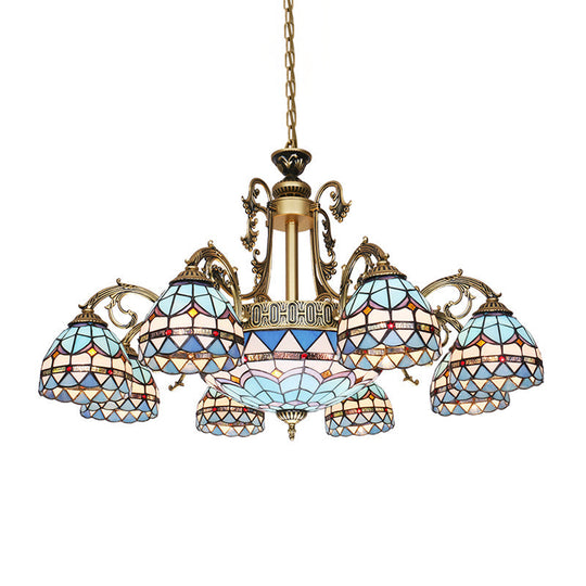 Mediterranean Dome Stained Glass Hanging Lamp in Blue 9/11 Lights Chandelier Fixture