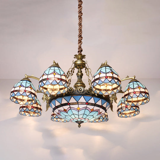 Tiffany Cut Glass Chandelier With Blue Lights And Domed Shade