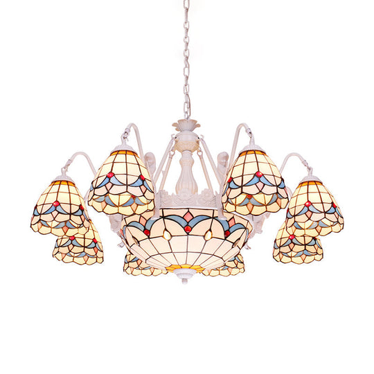 Stunning Dome Chandelier Lamp - Mediterranean Style Stained Art Glass 8/9/11 Lights White Hanging