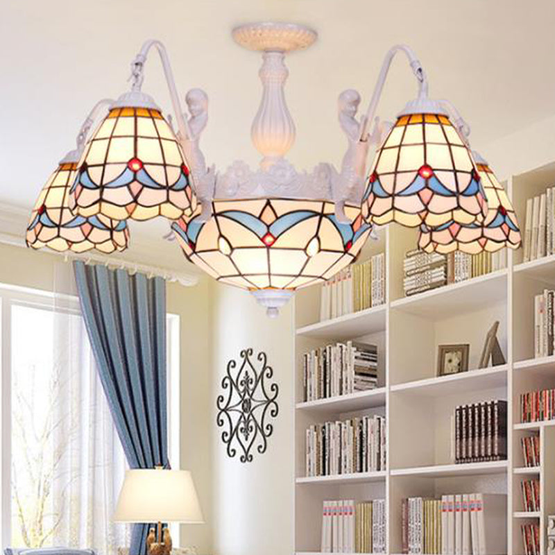 Mediterranean Stained Glass Dome Chandelier With 8/9/11 Lights - White Ceiling Pendant Light 8 /