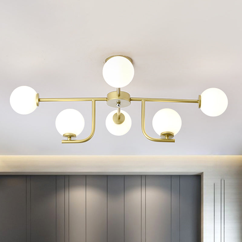 Modern White Glass Semi Flush Mount Ceiling Fixture With Gold Accents - 6 Bulbs
