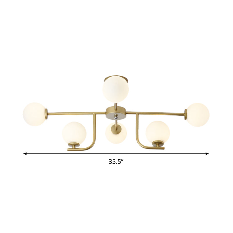 Modern White Glass Semi Flush Mount Ceiling Fixture With Gold Accents - 6 Bulbs