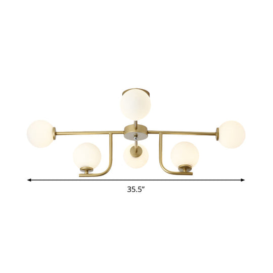 Modern White Glass Semi Flush Mount Ceiling Fixture With Gold Accents - 6 Bulbs