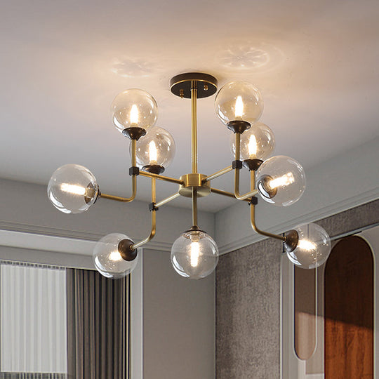 Modernist Amber Glass Globe Semi Flush Ceiling Mount Light Fixture (9/13 Bulbs) In Brass