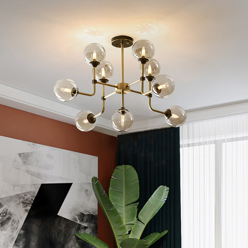Modernist Amber Glass Globe Semi Flush Ceiling Mount Light Fixture (9/13 Bulbs) In Brass