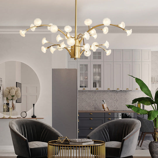 Modern Flower Chandelier Light: 33-Bulb Frosted Glass Suspension Fixture In Gold
