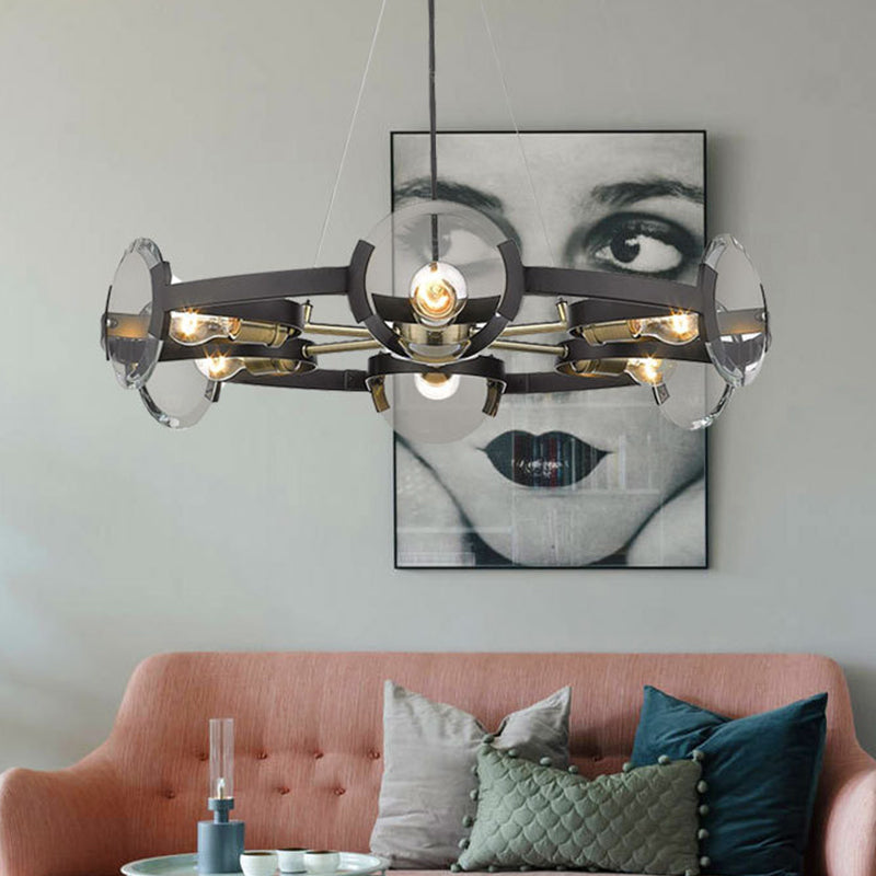 Contemporary Black Metal Circular Hanging Chandelier With 6 Suspended Heads - Stylish Lighting