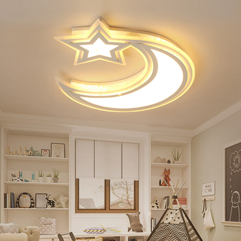 Kids’ Cartoon Acrylic Led Flush Ceiling Light - Crescent And Star Design For Bedroom