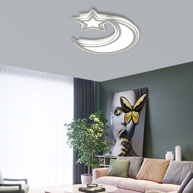 Kids Cartoon Acrylic Led Flush Ceiling Light - Crescent And Star Design For Bedroom