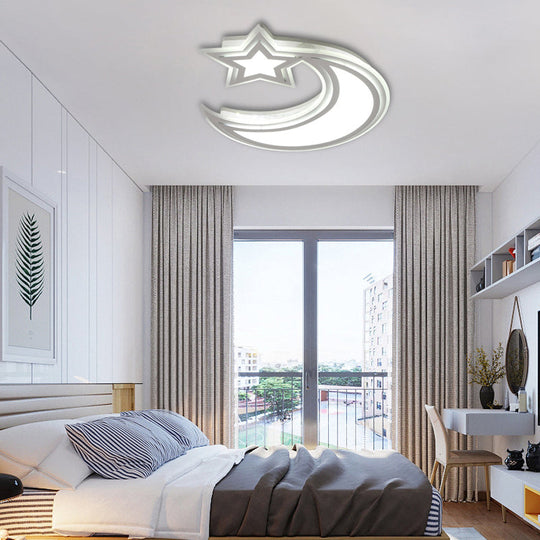 Kids’ Cartoon Acrylic Led Flush Ceiling Light - Crescent And Star Design For Bedroom