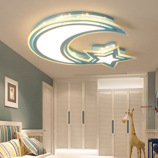 Kids Cartoon Acrylic Led Flush Ceiling Light - Crescent And Star Design For Bedroom Blue / White
