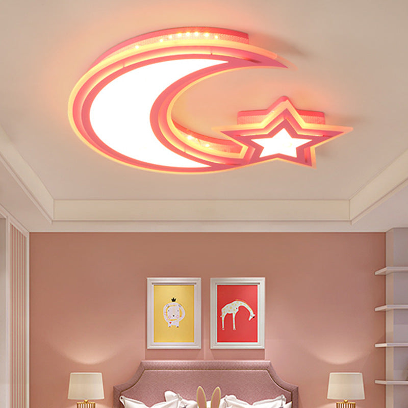 Kids Cartoon Acrylic Led Flush Ceiling Light - Crescent And Star Design For Bedroom Pink / White