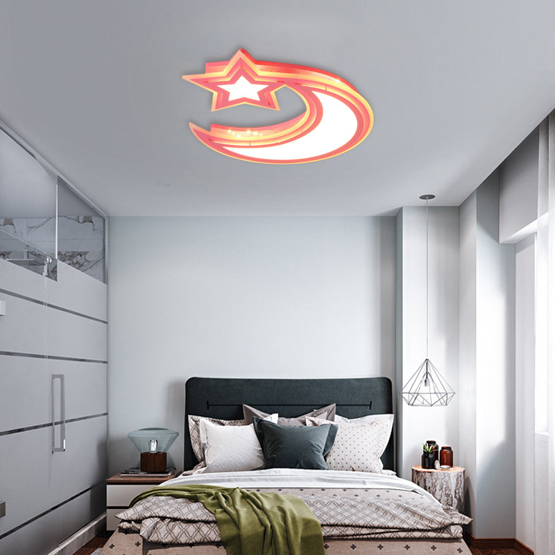 Kids’ Cartoon Acrylic Led Flush Ceiling Light - Crescent And Star Design For Bedroom