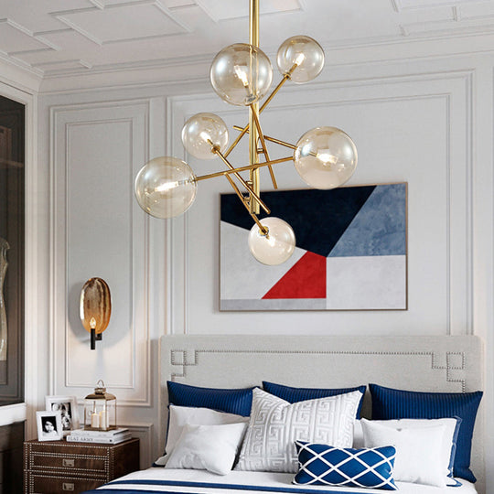 Minimalist Globe Semi Flush Light With Cognac Glass And 6 Lights - Brass Mount For Bedroom