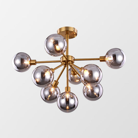 Minimalist Brass Flush Mount Chandelier With White/Smoke Gray Glass – 7/9/10 Lights