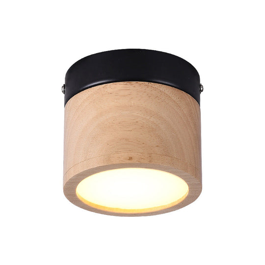 Nordic Style Mini Led Ceiling Lamp - Black And Beige Flush Foyer Light With Wood Shade