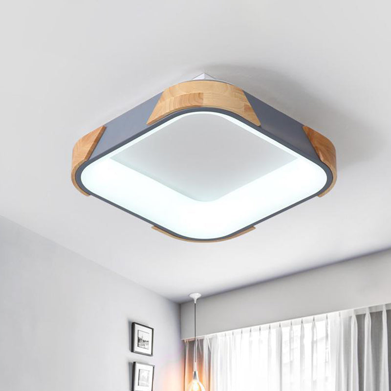 Square Macaron Flush Light Grey/White/Pink Wood Led Ceiling Fixture Warm/White 14’/18’/24’ Wide