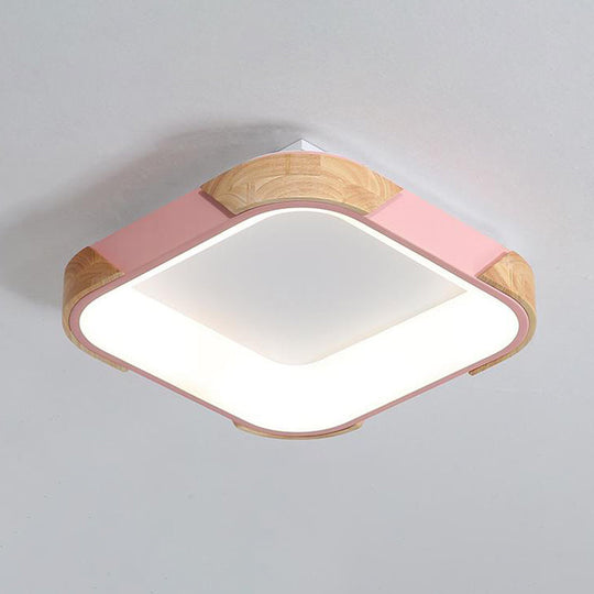 Square Macaron Flush Light Grey/White/Pink Wood Led Ceiling Fixture Warm/White 14/18/24 Wide