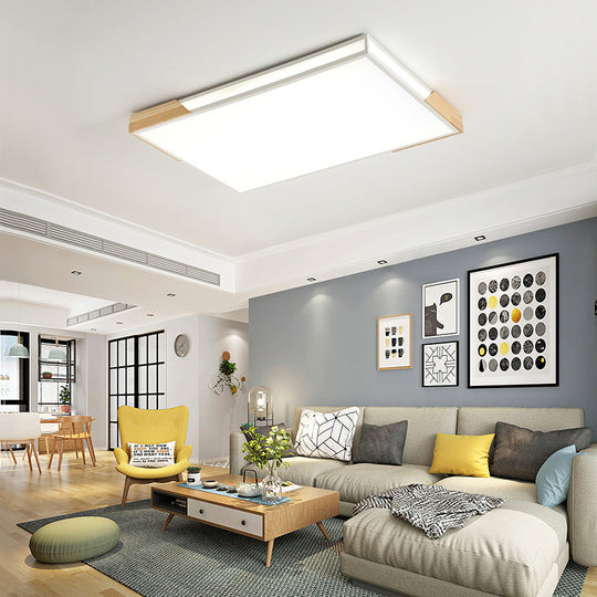 Slim Rectangle Flushmount Lighting: 25.5/34.5 Minimalist Wood White; Warm/White Light Acrylic