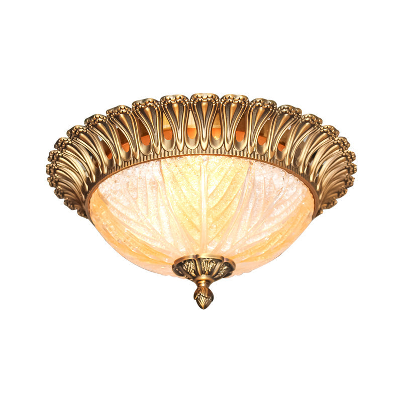 Postmodern Ridged Crystal Flush Mount Brass Ceiling Lamp For Bedroom - 3 Heads