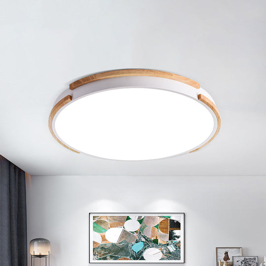 Modern White Flush Mount Led Ceiling Light With Wood Accent & Acrylic Diffuser Perfect For Living