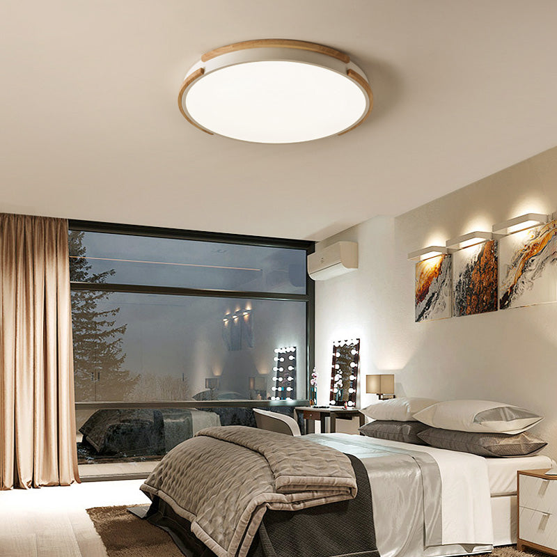 Modern White Flush Mount Led Ceiling Light With Wood Accent & Acrylic Diffuser Perfect For Living