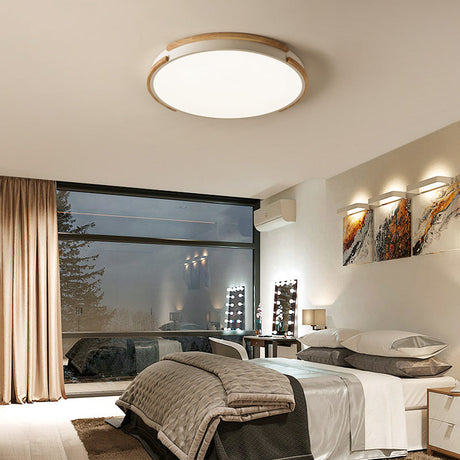 Modern White Flush Mount Led Ceiling Light With Wood Accent & Acrylic Diffuser Perfect For Living