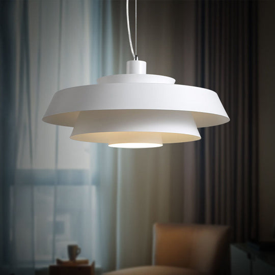 Contemporary Metallic Pendant Ceiling Light In White - Tiered 1-Light Suspension Lamp For Dining