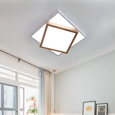 Modern 2-Tier Wood Led Ceiling Light For Living Room In White/Warm - Square Flush Mount