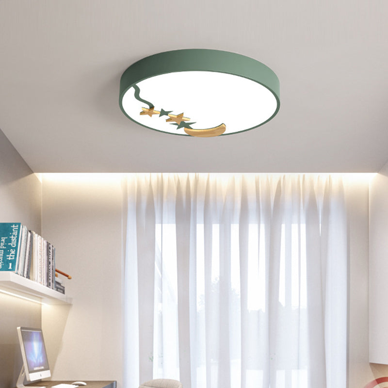 Contemporary Round Metal Led Close To Ceiling Lamp With Wooden Moon And Star Decoration -