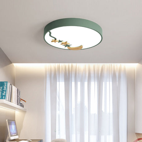 Contemporary Round Metal Led Close To Ceiling Lamp With Wooden Moon And Star Decoration -