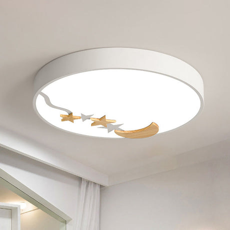Contemporary Round Metal Led Close To Ceiling Lamp With Wooden Moon And Star Decoration -