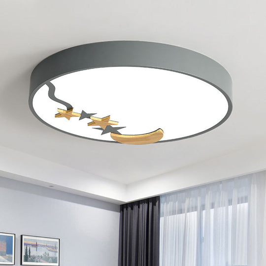 Contemporary Round Metal Led Close To Ceiling Lamp With Wooden Moon And Star Decoration -