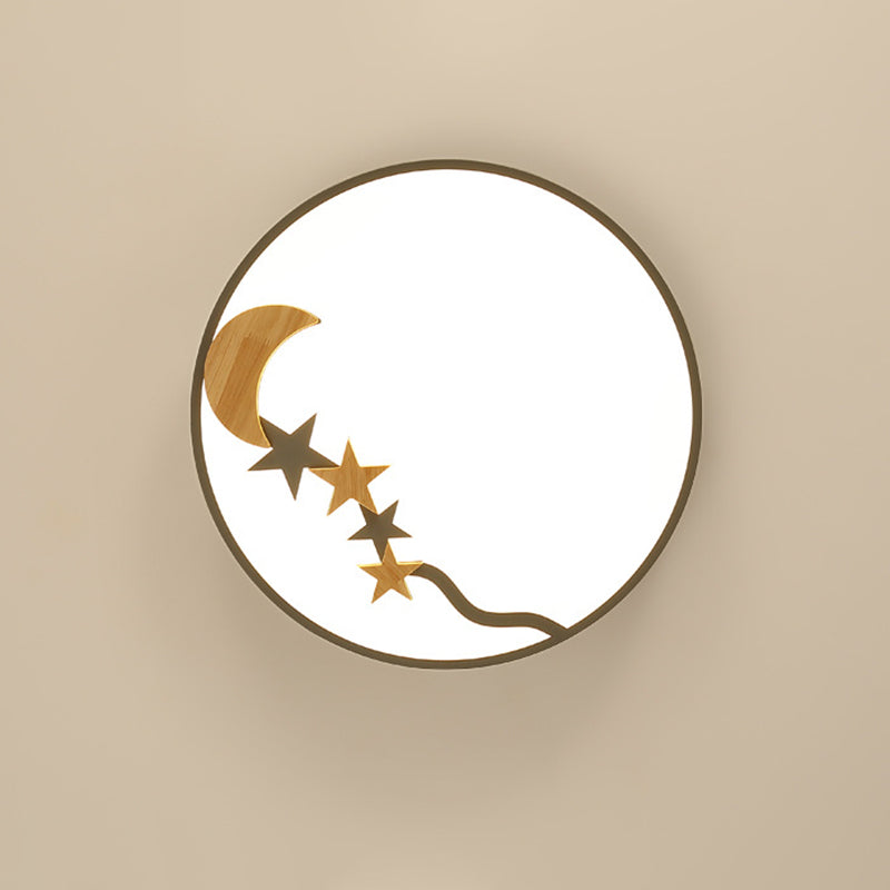 Contemporary Round Metal Led Close To Ceiling Lamp With Wooden Moon And Star Decoration -